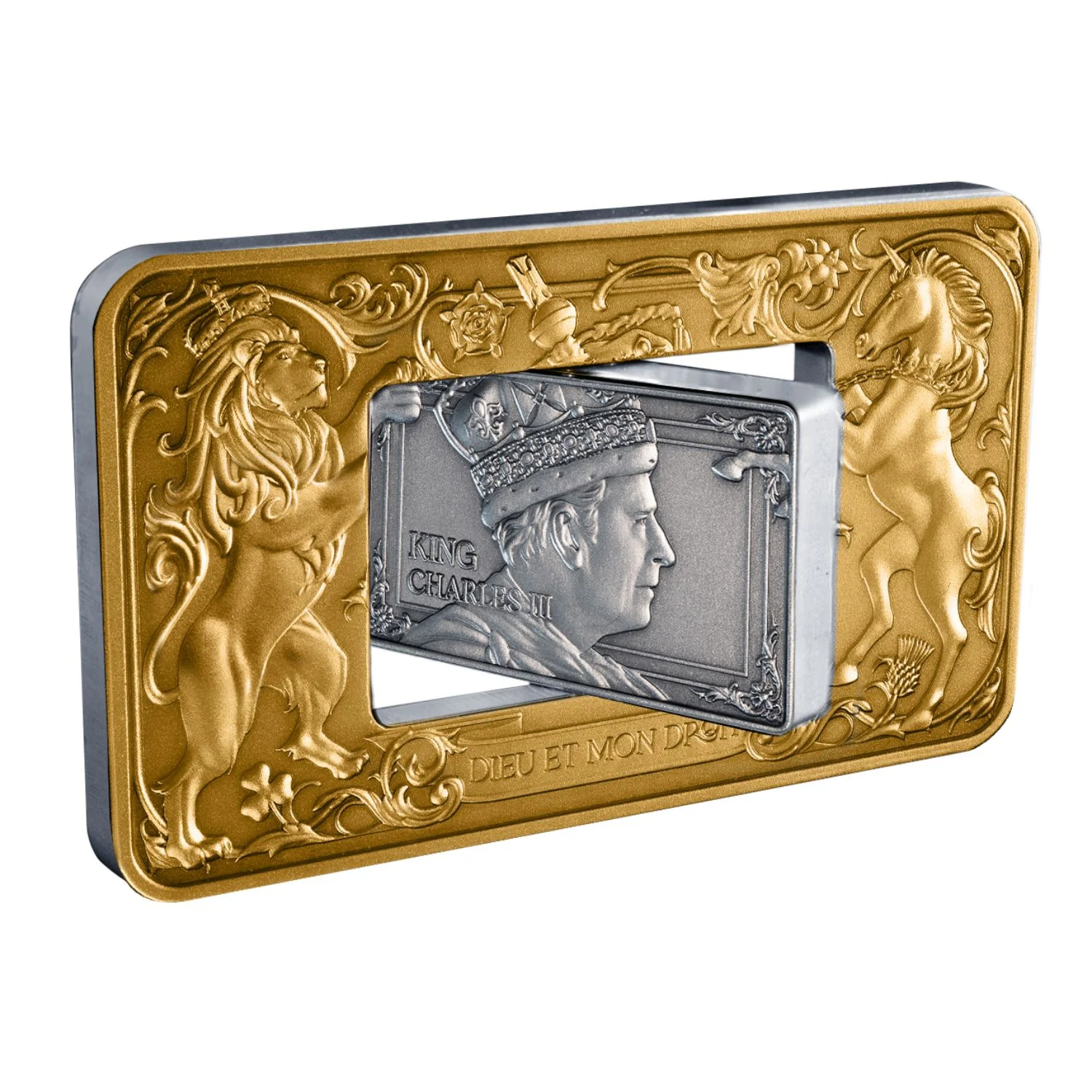 Elizabeth II & Charles III 2026 $5 Revolving Rectangle Gold-plated 2oz Silver Antique Coin - Image 2