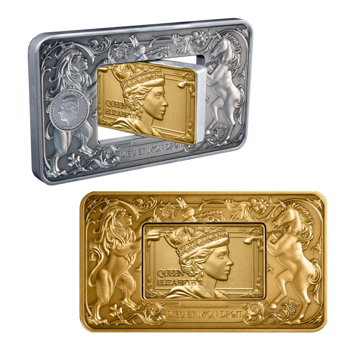 Elizabeth II & Charles III 2026 $5 Revolving Rectangle Gold-plated 2oz Silver Antique Coin - Image 3