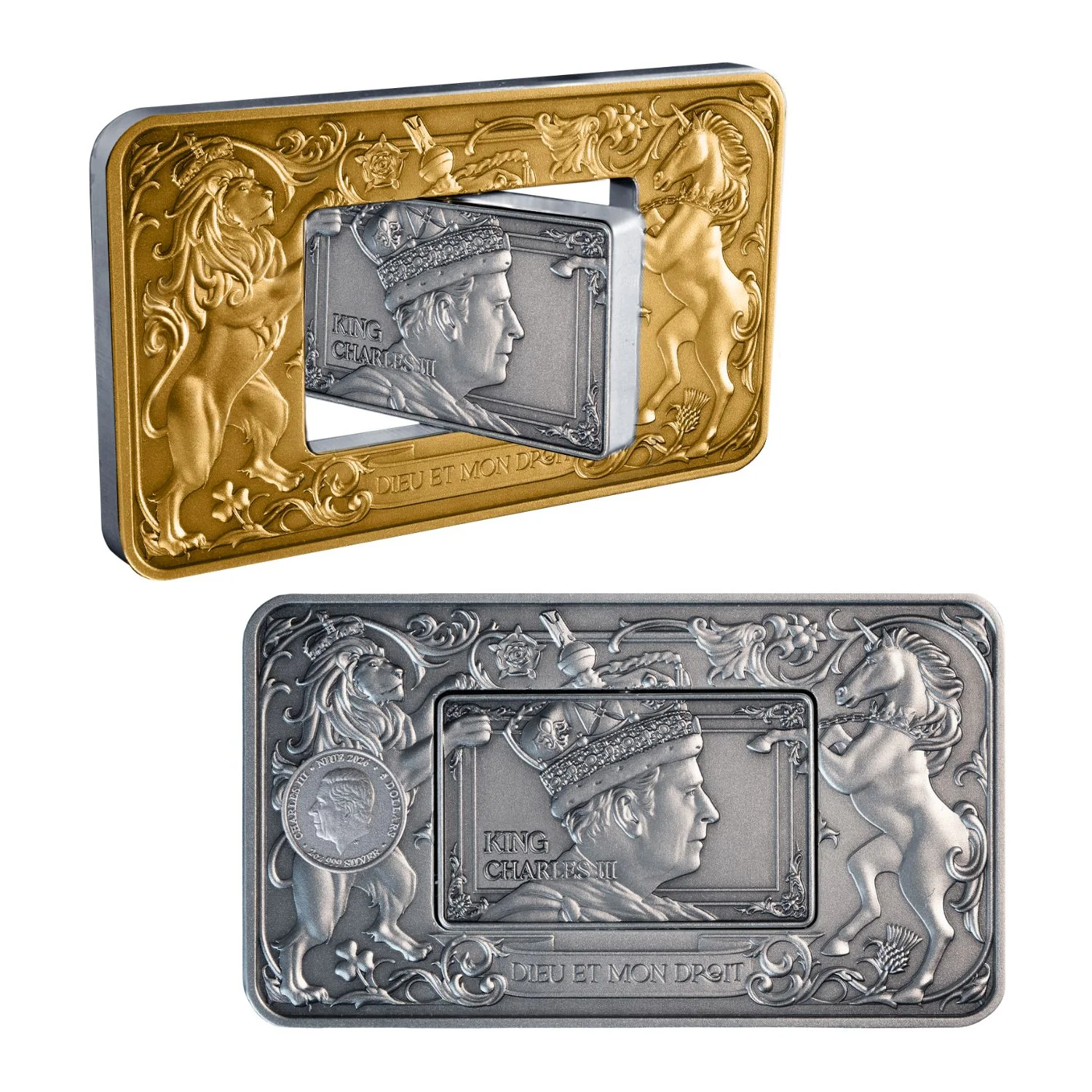 Elizabeth II & Charles III 2026 $5 Revolving Rectangle Gold-plated 2oz Silver Antique Coin - Image 4