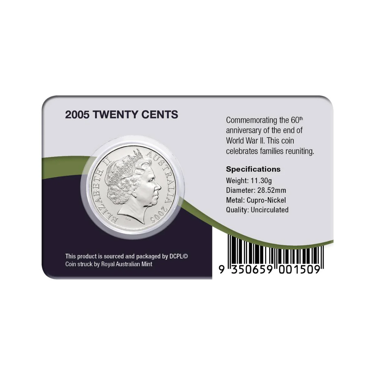 Australia End of WWII 60th Anniversary 2005 20c Coming Home Cupro-Nickel Uncirculated Coin Pack - Image 2