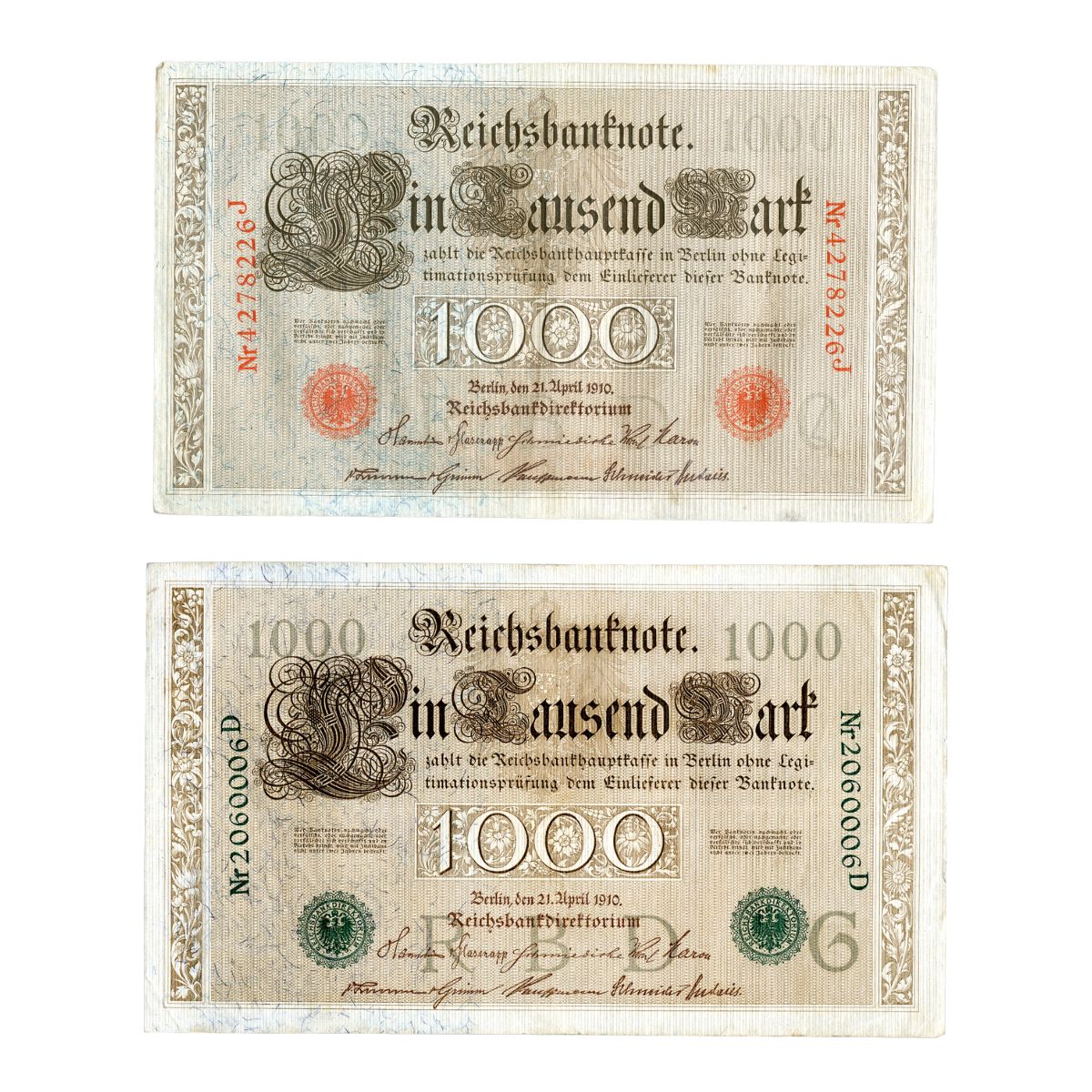 Germany 1910 1,000 Mark Reichsbanknote Red & Green Seal Pair Fine-Very Fine