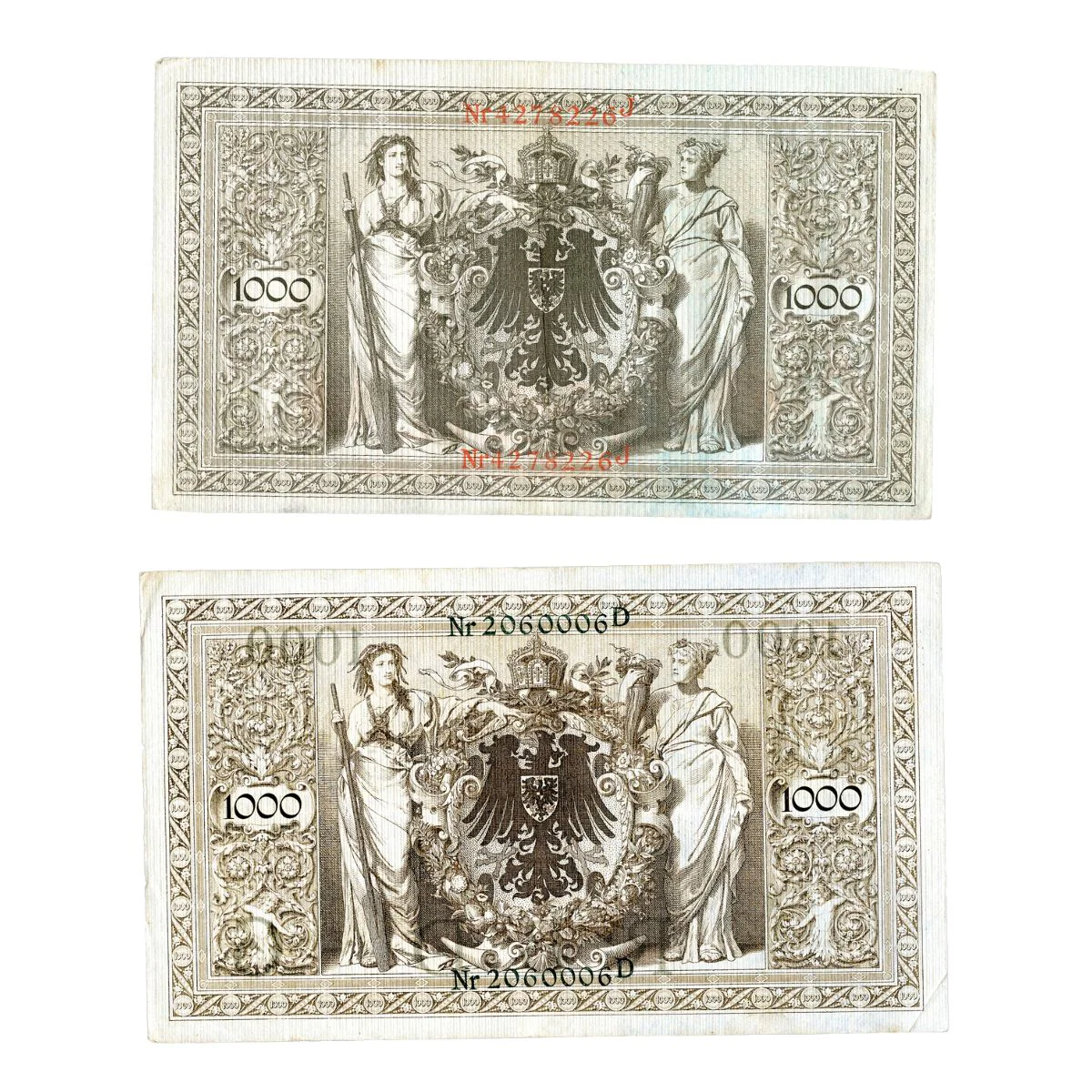 Germany 1910 1,000 Mark Reichsbanknote Red & Green Seal Pair Fine-Very Fine - Image 2