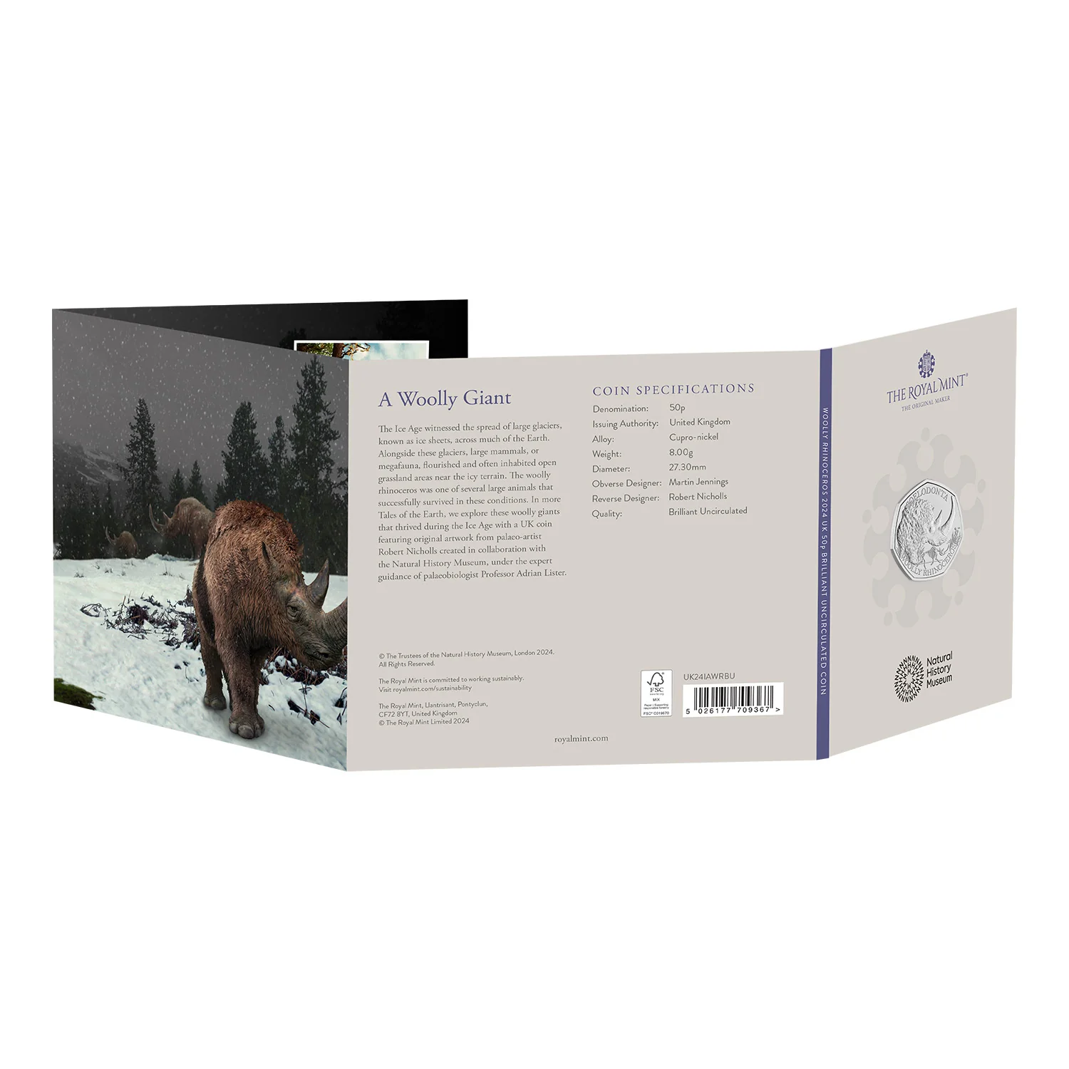 Great Britain Ice Age Woolly Rhinoceros 2024 50p Cupro-Nickel Brilliant Uncirculated Coin - Image 4
