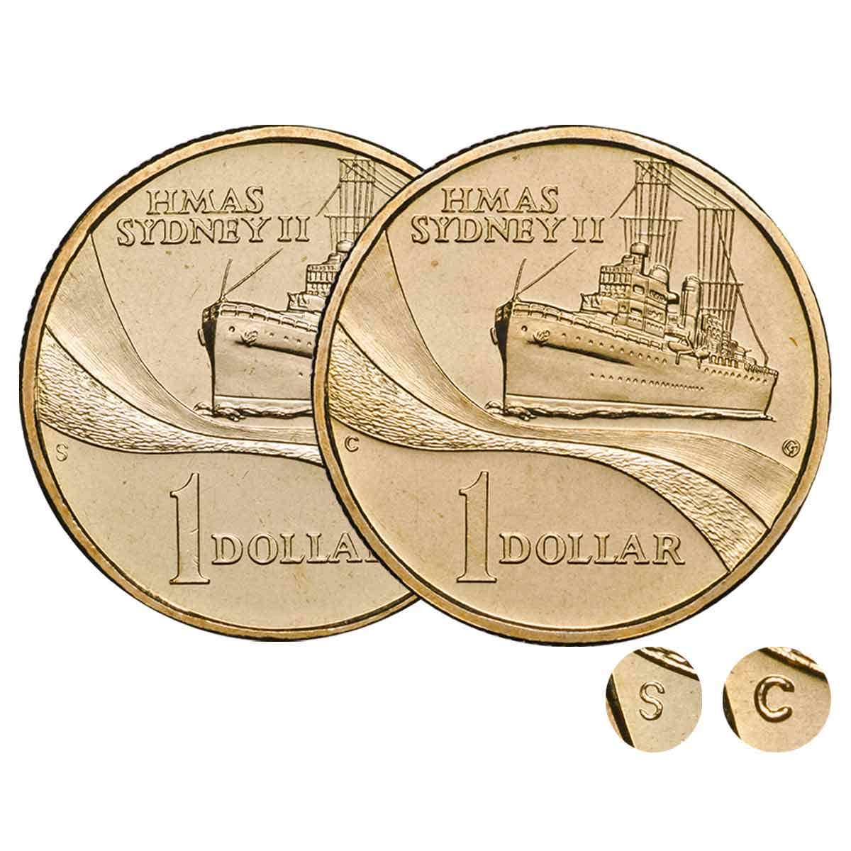 Australia HMAS Sydney 2000 $1 Aluminium-Bronze C & S Mintmark Uncirculated Coin Pair