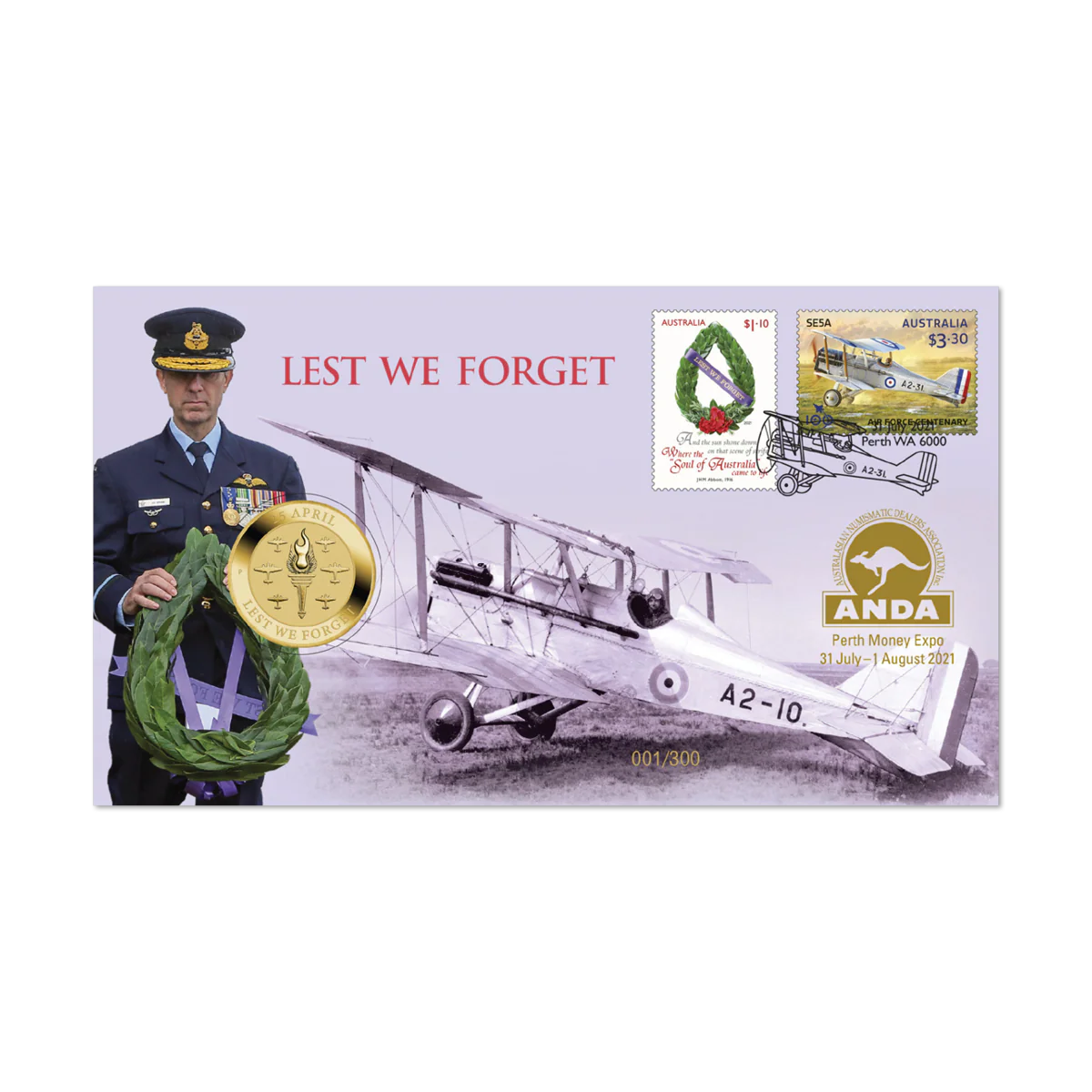 Perth Money Expo 2021 $1 Lest We Forget RAAF Centenary Stamp & Coin Cover