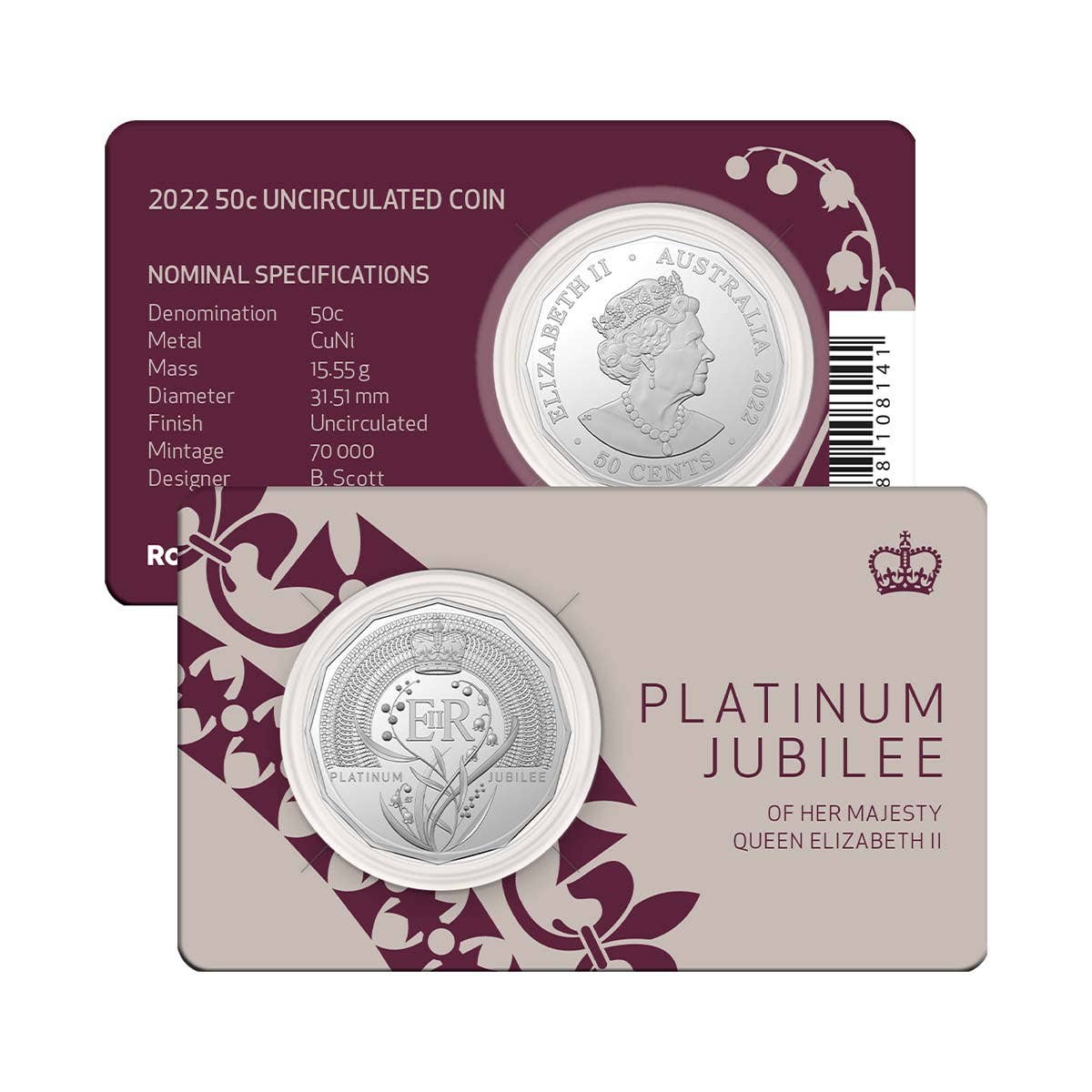 Australia Elizabeth II Platinum Jubilee 2022 50c Cupro-Nickel Uncirculated Coin