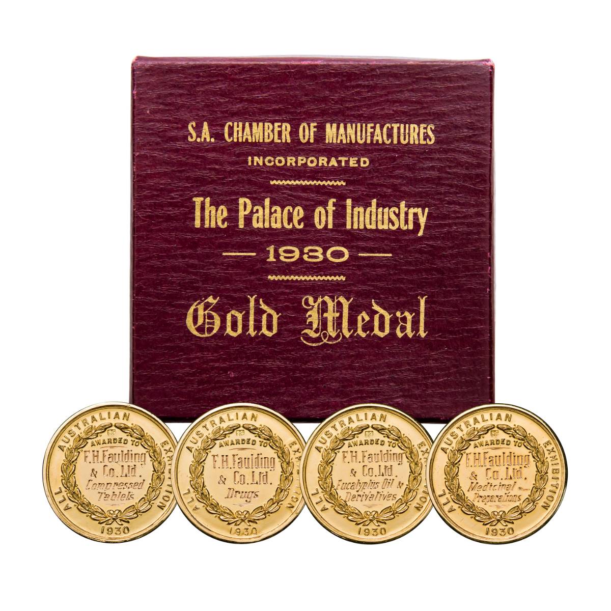 South Australian Chamber of Manufactures Inc All Australian Exhibition 1930 Faulding & Co Ltd Gold Medal Set of Four