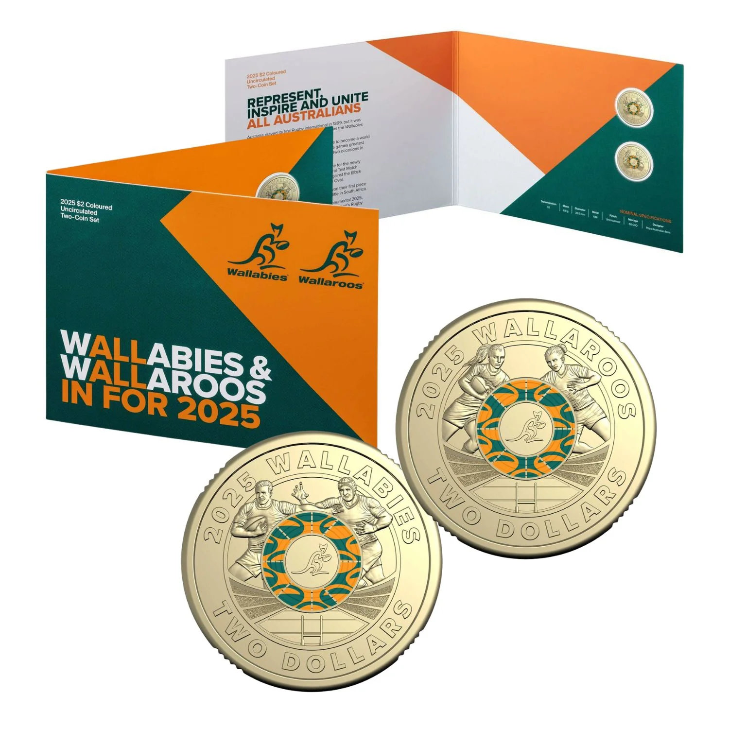Australia 2025 $2 Wallabies & Wallaroos Colour Aluminium-Bronze Uncirculated 2-Coin Set