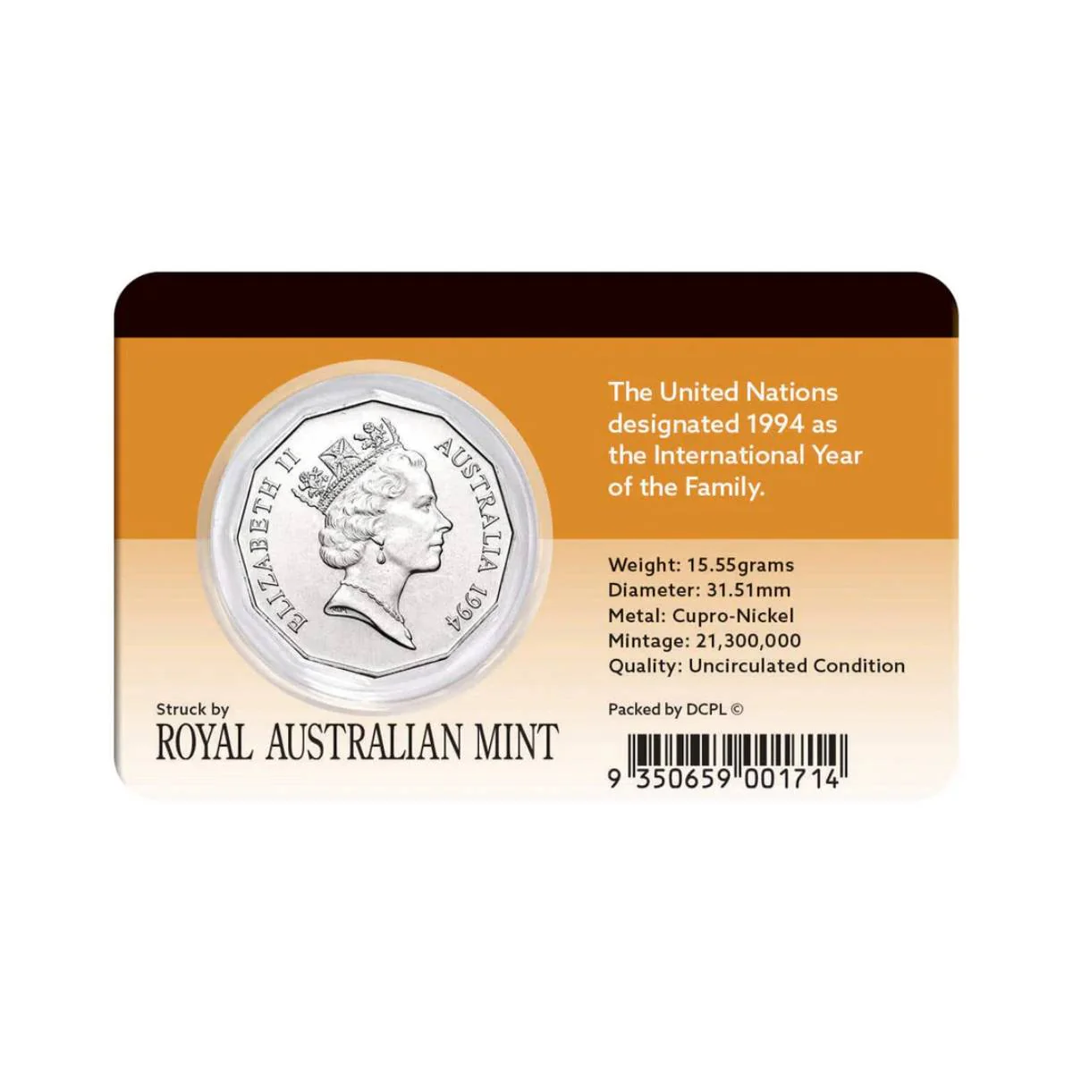 Australia International Year of the Family 1994 50c Cupro-Nickel Uncirculated Coin Pack - Image 2