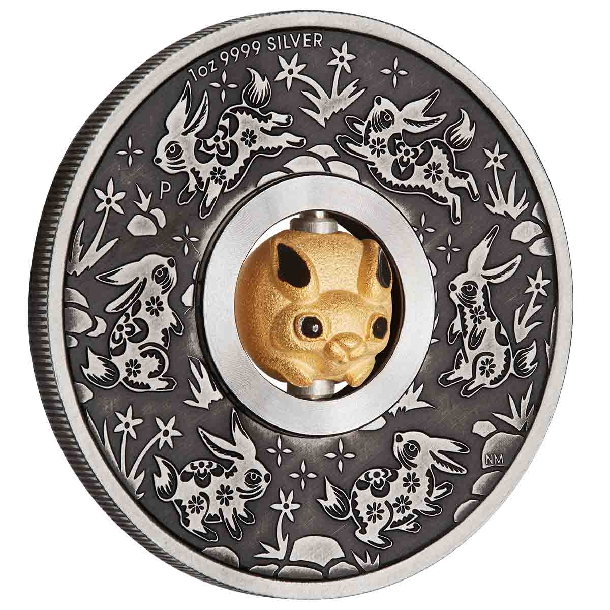 Lunar Year of the Rabbit Rotating Charm 2023 $1 1oz Silver Antiqued Coin